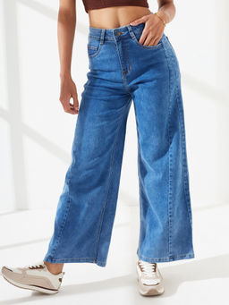 DOLCE CRUDO - Blue Denim Wide Leg Mid Waist Solid/Plain Jeans