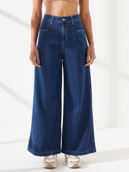 DOLCE CRUDO - Blue Denim Wide Leg Mid Waist Solid/Plain Jeans