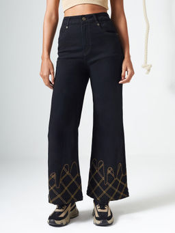 DOLCE CRUDO - Black Denim Wide Leg Mid Waist Solid/Plain Jeans