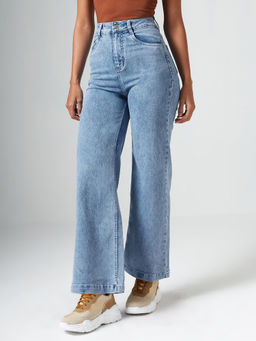 DOLCE CRUDO - Blue Denim Wide Leg Mid Waist Solid/Plain Jeans