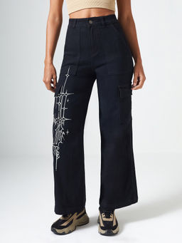 DOLCE CRUDO - Black Denim Wide Leg Mid Waist Solid/Plain Jeans