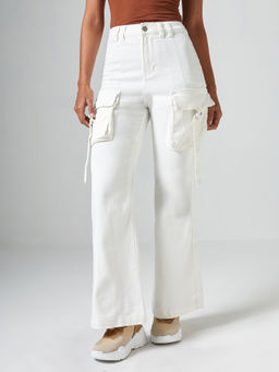 DOLCE CRUDO - White Denim Wide Leg Mid Waist Solid/Plain Jeans