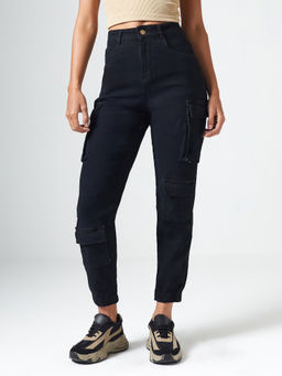 DOLCE CRUDO - Black Denim Tapered Leg Mid Waist Solid/Plain Jogger