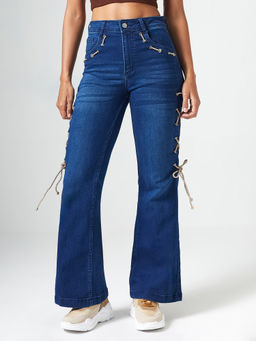 DOLCE CRUDO - Blue Denim Wide Leg Mid Waist Solid/Plain Jeans