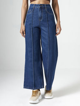 DOLCE CRUDO - Blue Denim Wide Leg Mid Waist Solid/Plain Jeans