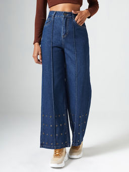 DOLCE CRUDO - Blue Denim Wide Leg Mid Waist Solid/Plain Jeans