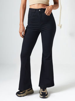 DOLCE CRUDO - Black Denim Boot Cut Leg Mid Waist Solid/Plain Jeans