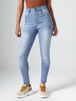 DOLCE CRUDO - Blue Denim Slim Leg Mid Waist Solid/Plain Jeans