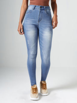 DOLCE CRUDO - Blue Denim Slim Leg Mid Waist Solid/Plain Jeans