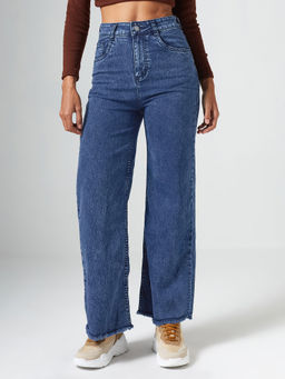 DOLCE CRUDO - Blue Denim Wide Leg Mid Waist Solid/Plain Jeans