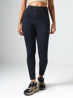 DOLCE CRUDO - Black Denim Slim Leg Mid Waist Solid/Plain Jeans