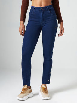 DOLCE CRUDO - Navy Blue Denim Slim Leg Mid Waist Solid/Plain Jeans