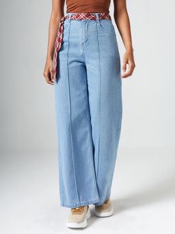 DOLCE CRUDO - Blue Denim Wide Leg Mid Waist Solid/Plain Jeans