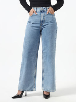 Guess - Blue Pure Cotton Wide Leg Mid Waist Solid/Plain Jeans