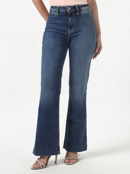 Guess - Blue Cotton Boot Cut Leg Mid Waist Solid/Plain Jeans