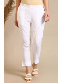 Aurelia - Womens White Solid Rayon Flax Mid-Rise Trouser