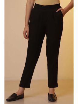 Aurelia - Womens Black Solid Ankle Length Cotton Flax Trouser