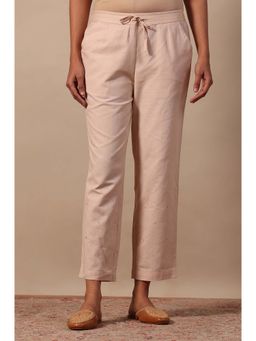 Folksong - Womens Beige Mirrorwork Straight Pants in Cotton Flax