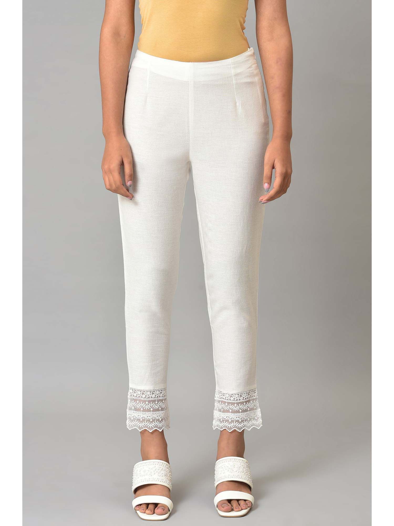 Solid White Slim Pants with Lace-image-0