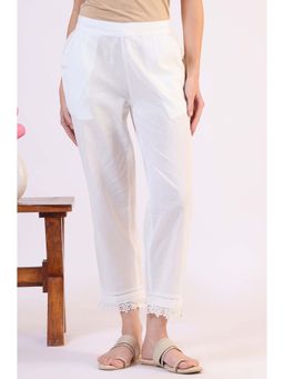 W - Solid White Cotton Flax Straight Pants with Lace Hemline