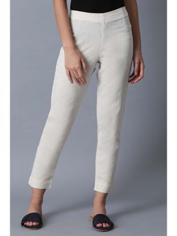 W - Solid White Mid-Rise Cotton Flax Slim Pants