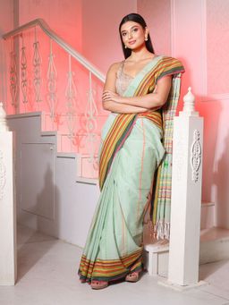 CHARUKRITI - Tea Green Cotton Handspun Handwoven Saree with Stripes Pattern with Unstitched Blouse