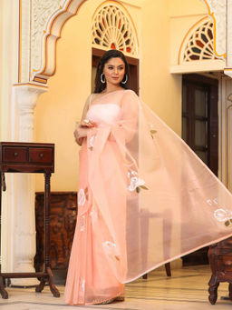 Bannhi - Rose Tiffany Hand Painted Printed Saree without Blouse