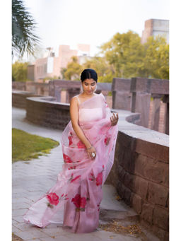 Bannhi - Umrao Pink Hand Painted Printed Saree without Blouse