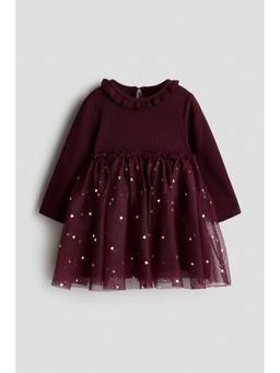 H&M - Girls Maroon Tulle-Skirt Cotton Dress