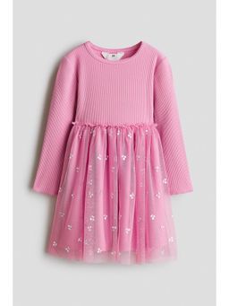 H&M - Girls Pink Long-Sleeved Tulle-Skirt Dress
