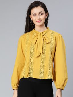 Oxolloxo - Limelight Mustard Laced Up And Tie-knotted Women Partywear Cotton Top