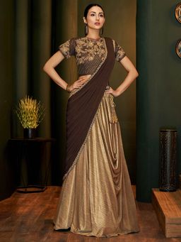 Odette - Beige Fancy Lycra Designer Saree with Unstitched Blouse