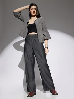 Globus - Women Black Solid Denim Mid Rise Elasticated Waist Wide Leg Trousers