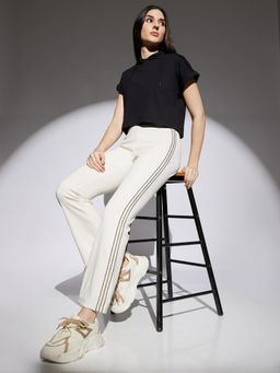 Globus - Women Off White Side Striped Mid Rise Stretchable Ribbed Activewear Trousers