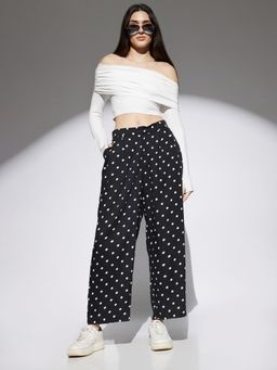 Globus - Women Black Polka Dot Print Mid Rise Pleated Pocket Detail Wide Leg Trousers