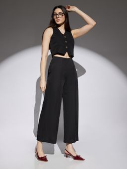 Globus - Women Black Solid Mid Rise Stretchable Wide Leg Cropped Formal Trousers