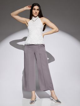 Globus - Women Grey Solid Mid Rise Stretchable Wide Leg Cropped Formal Trousers