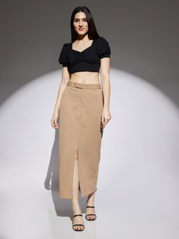 Globus - Women Coffee Mid Rise Front Slit Side Pockets Belt Loops Pencil Midi Skirt