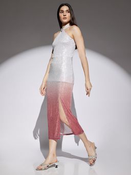 Globus - Women Pink and Silver Ombre Pattern Sequin Detail Side Slit Pencil Midi Party Skirt