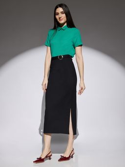 Globus - Women Black Stretchable Mid Rise Side Slit Pencil Midi Workwear Skirt