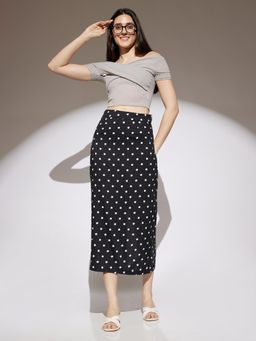 Globus - Women Black Polka Dot Print Midi Rise Back Slit Pencil Midi Skirt