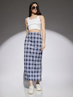 Globus - Women Navy and White Checks Print Mid Rise Side Slit Pencil Midi Skirt