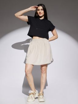 Globus - Women Beige Self Design Smocked and Pleated Waist A-Line Mini Skirt