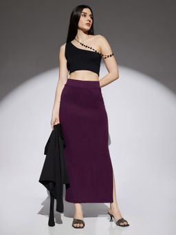 Globus - Women Wine Shimmer Detail High Rise Side Slit Snug Fit Pencil Maxi Party Skirt