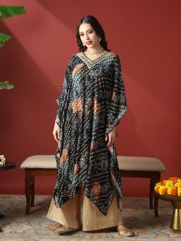 Globus - Women Green Embroidered Ethnic Printed Gotta Patti Kaftan Kurta