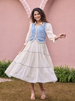 ZUMMER - Cream and Blue Midi Dress with Jacket