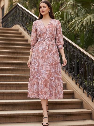Brown and Beige Printed Midi Dress with Belt