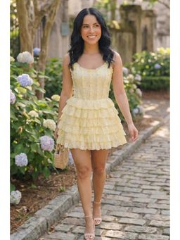 Pretty Pixie - Buttercream Yellow Eyelet Tiered Ruffle Corset Mini Dress