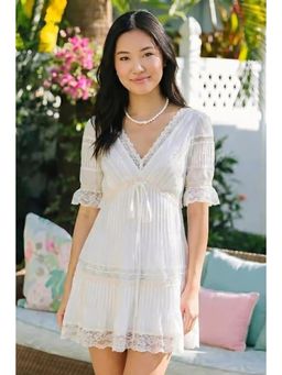 Pretty Pixie - White Lace Trim Pleated V-Neck Tiered Mini Dress