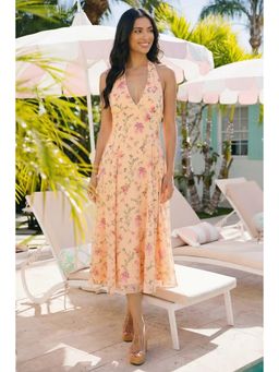 Pretty Pixie - Peach Floral Bow Print Halter V-Neck Midi Dress